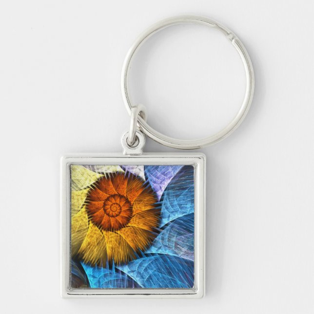 Floral Orange Yellow Blue Abstract Art Key Ring (Front)