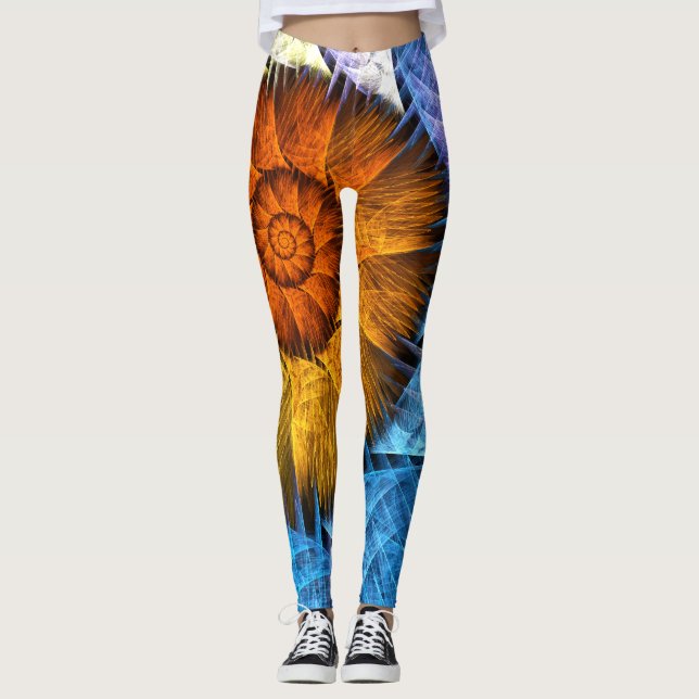 Floral Orange Yellow Blue Abstract Art Leggings (Front)