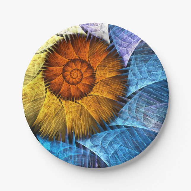 Floral Orange Yellow Blue Abstract Art Paper Plate (Front)