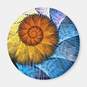 Floral Orange Yellow Blue Abstract Art Round Magnet