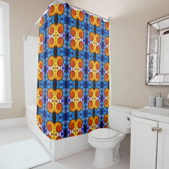 Floral Orange Yellow Blue Abstract Art Shower Curtain (In Situ)