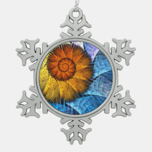 Floral Orange Yellow Blue Abstract Art Snowflake Pewter Christmas Ornament