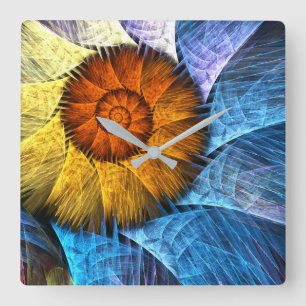 Floral Orange Yellow Blue Abstract Art Square Wall Clock