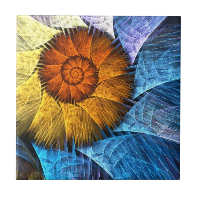Floral Orange Yellow Blue Abstract Art Tile (Front)