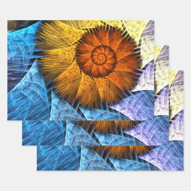 Floral Orange Yellow Blue Abstract Art Wrapping Paper Sheet (Set)