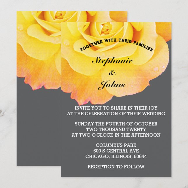 Floral Orange Yellow Grey Grey Cool Boho Wedding Invitation (Front/Back)