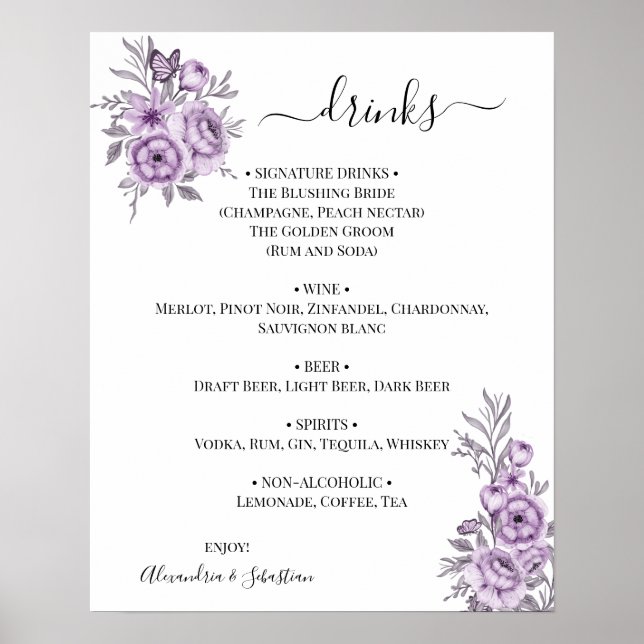 Floral Orchid Wedding Drinks Menu Sign (Front)