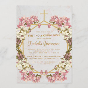 Floral Orchids Marble Gold First Holy Communion Invitation