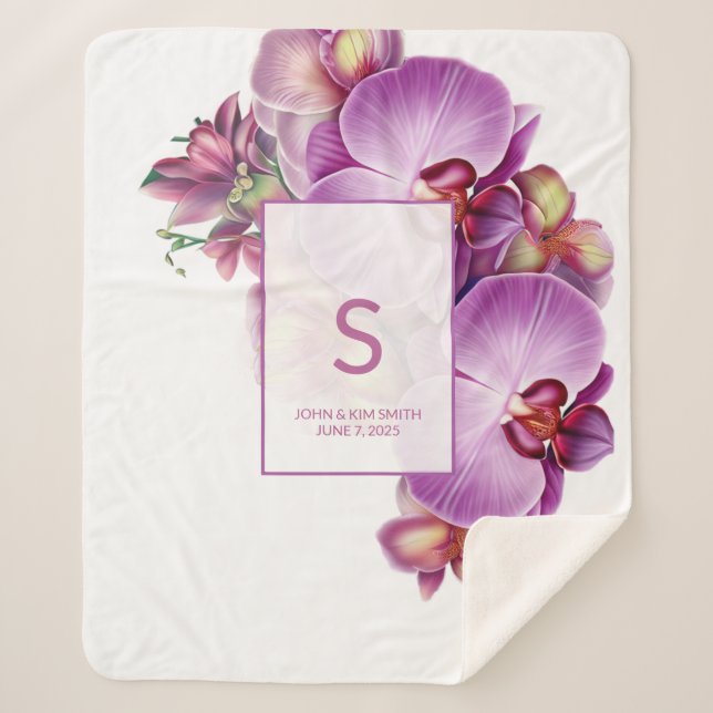 Floral Orchids Wedding Memento Sherpa Blanket (Front)