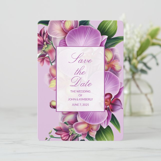 Floral Orchids Wedding Save the Date Card (Standing Front)