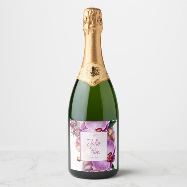 Floral Orchids Wedding  Sparkling Wine Label (Front)