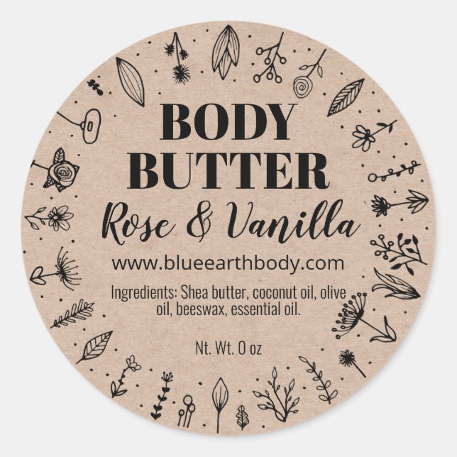Floral Organic Homemade Kraft Body Butter Labels (Front)