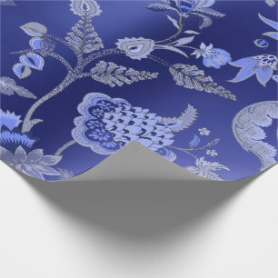 Floral Oriental Kimono Sapphire Cobalt Blue Garden Wrapping Paper