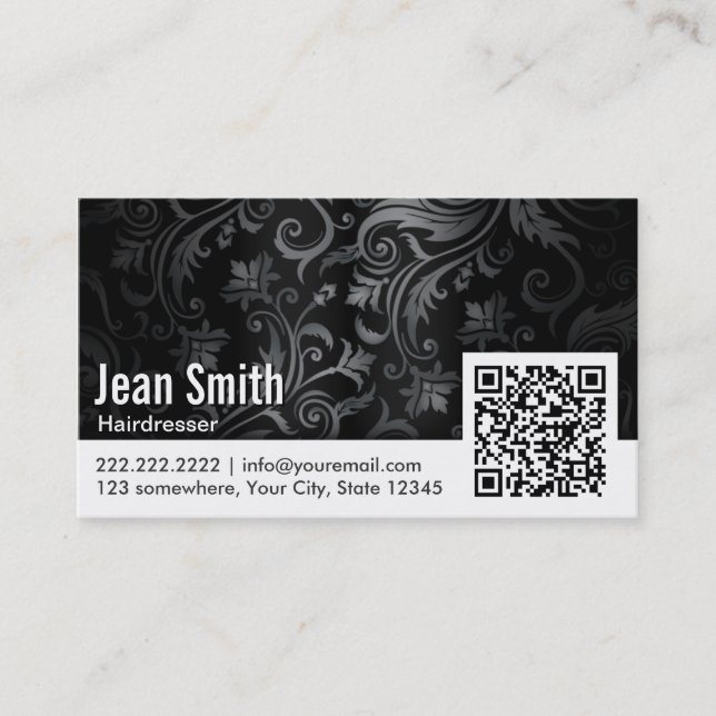 Floral Ornament QR Code Hairdresser Business Card (Front)