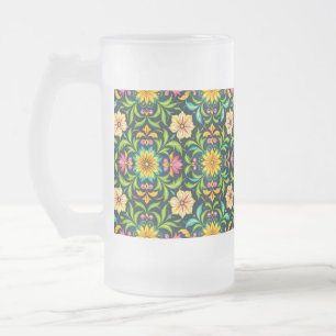Floral Ornamental Pattern in Vibrant Colours Frosted Glass Beer Mug