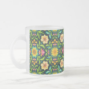 Floral Ornamental Pattern in Vibrant Colours Frosted Glass Coffee Mug