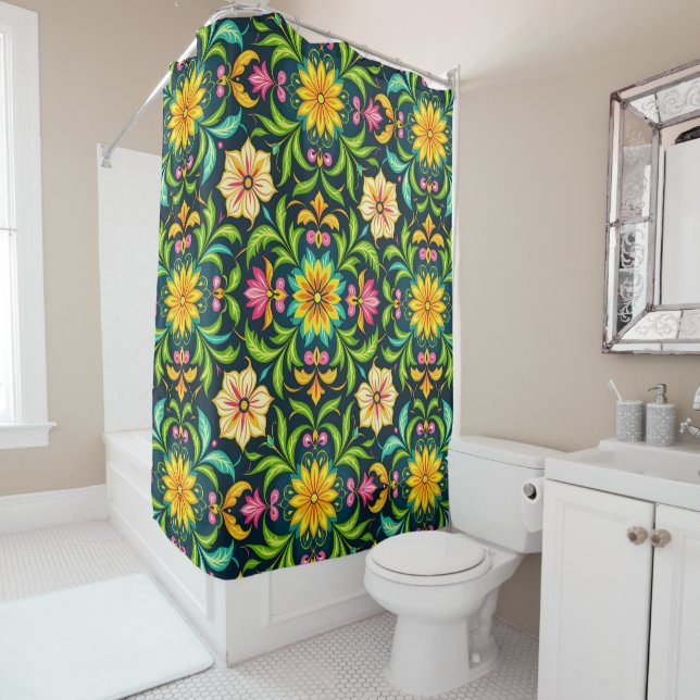 Floral Ornamental Pattern in Vibrant Colours Shower Curtain (In Situ)