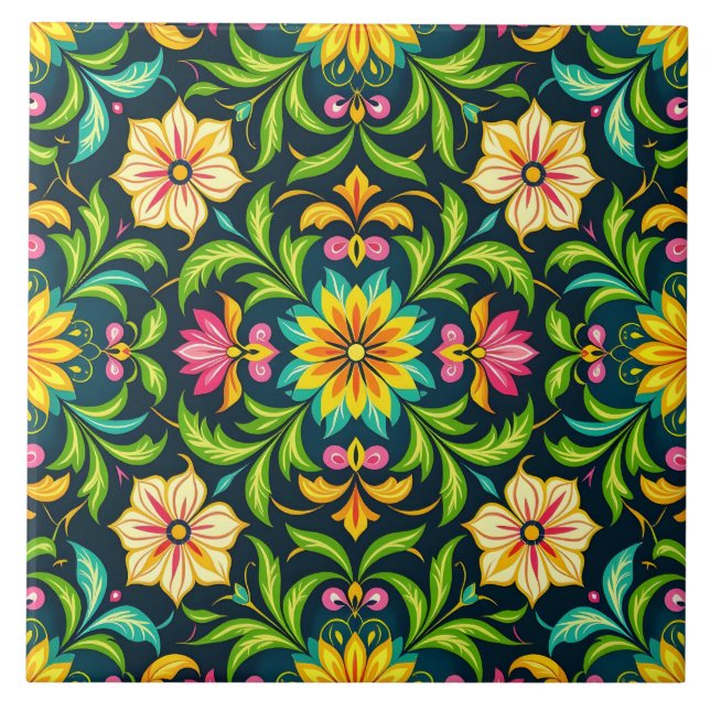 Floral Ornamental Pattern in Vibrant Colours Tile (Front)