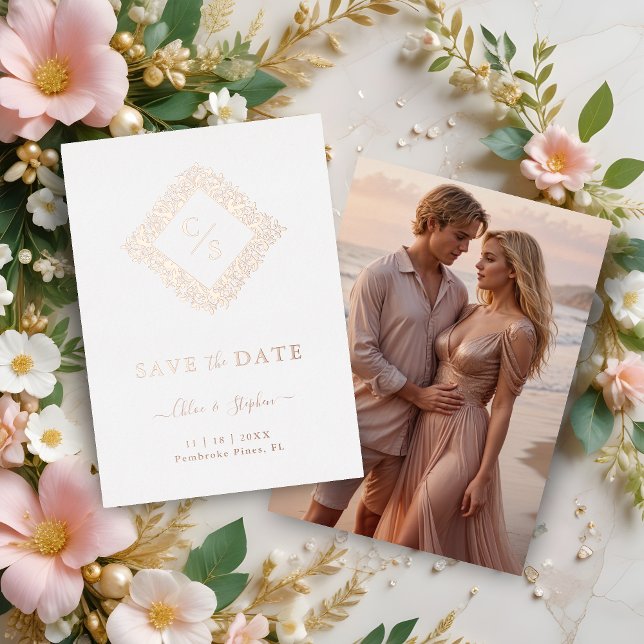 Floral Ornate Frame Diamond Shape Wedding Initials (Floral Ornate Frame in Diamond Shape with Initials Photo Wedding Rose Gold  Foil Save the Date.)