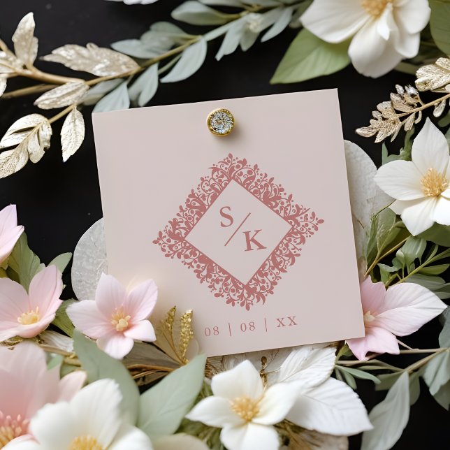 Floral Ornate Frame Diamond Shape Wedding Initials Rubber Stamp (Floral Ornate Frame in Diamond Shape with Initials Wedding Rubber Stamp.)