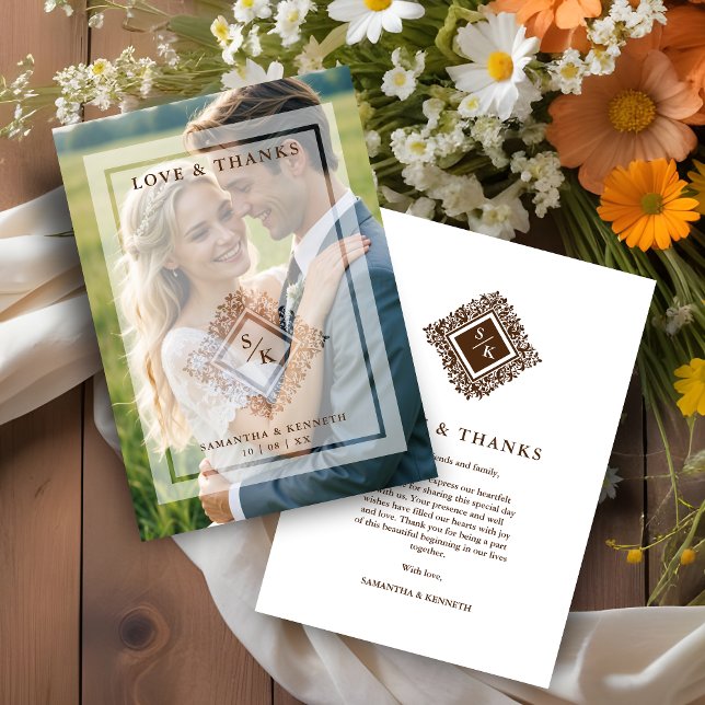 Floral Ornate Frame in Diamond Shape with Initials Thank You Card (Floral Ornate Frame in Diamond Shape with Initials Photo Wedding Thank You Card with Vellum.)