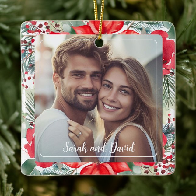 Floral Our First Christmas Engaged  Photo Ornament (Creator Uploaded)