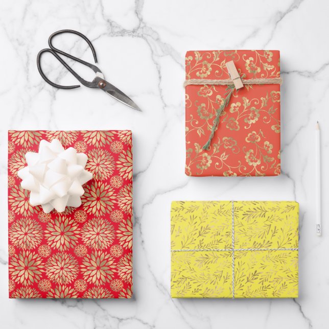Floral outdoor nature patterns red orange yellow wrapping paper sheet (Front)