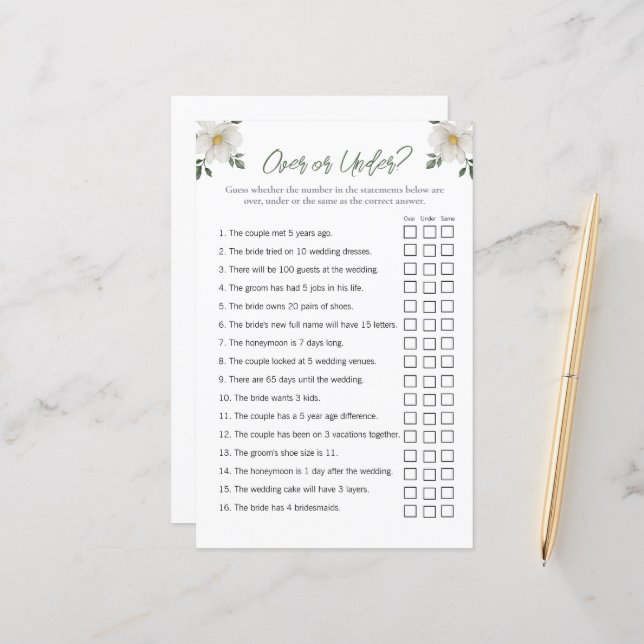 Floral "Over and Under" Bridal Shower Game (Front/Back In Situ)