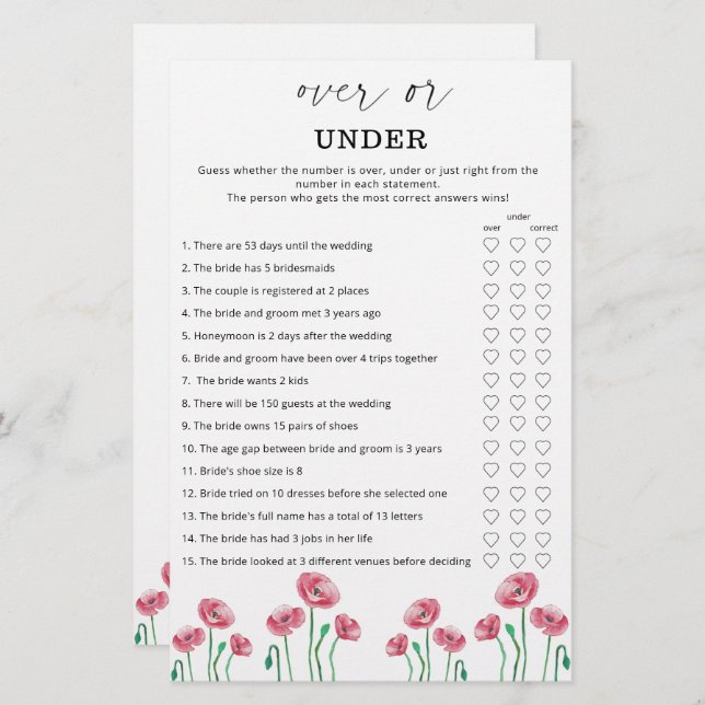 Floral over or under bridal shower game (Front/Back)