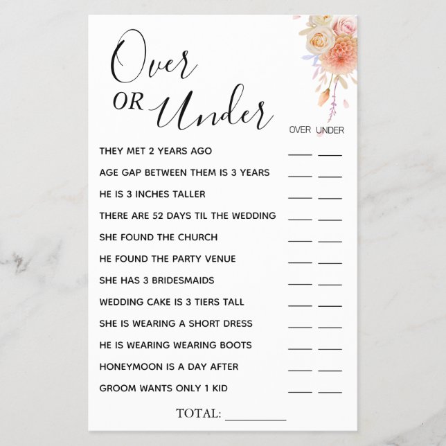 Floral Over or Under Bridal shower game card (Front)