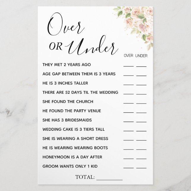 Floral Over or Under Bridal shower game card  (Front)