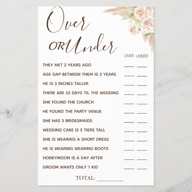 Floral Over or Under Bridal shower game card (Front)