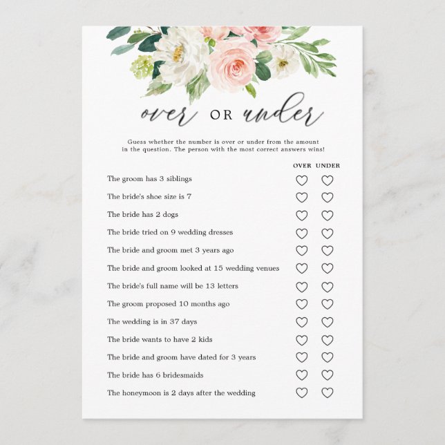 Floral Over over Under Bridal Shower Game Cards (Front)