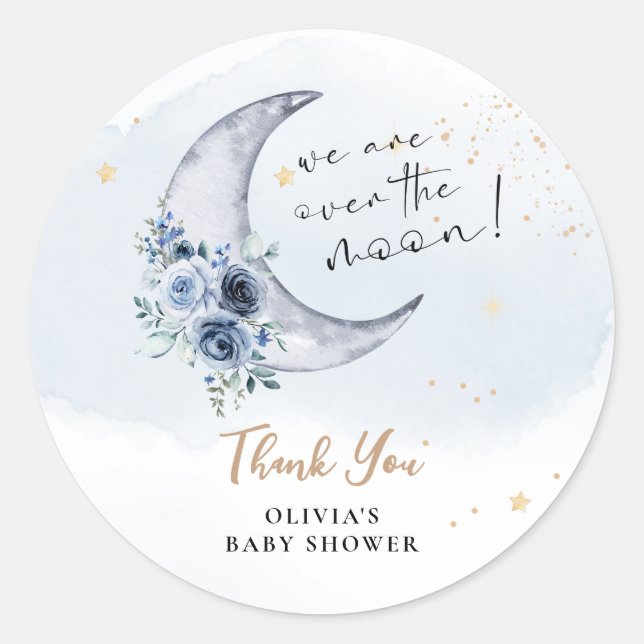 Floral Over The Moon Baby Shower Classic Round Sticker (Front)