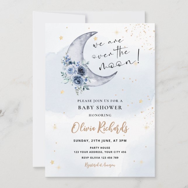 Floral Over The Moon Baby Shower Invitation (Front)