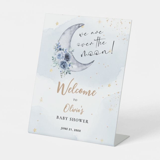 Floral Over The Moon Baby Shower Welcome Pedestal Sign (Front)