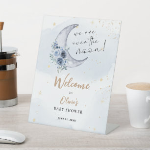 Floral Over The Moon Baby Shower Welcome Pedestal Sign