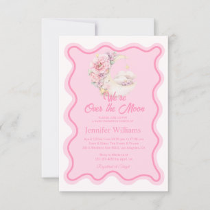  floral over the moon pink wavy frame baby shower  invitation