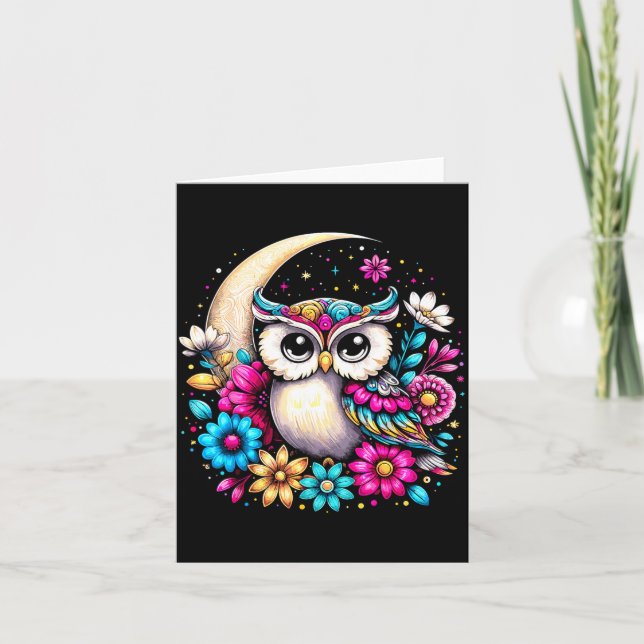 Floral Owl And Moon  Card (Front)