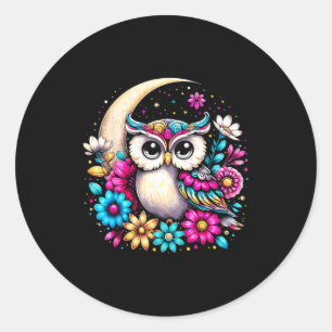 Floral Owl And Moon Classic Round Sticker