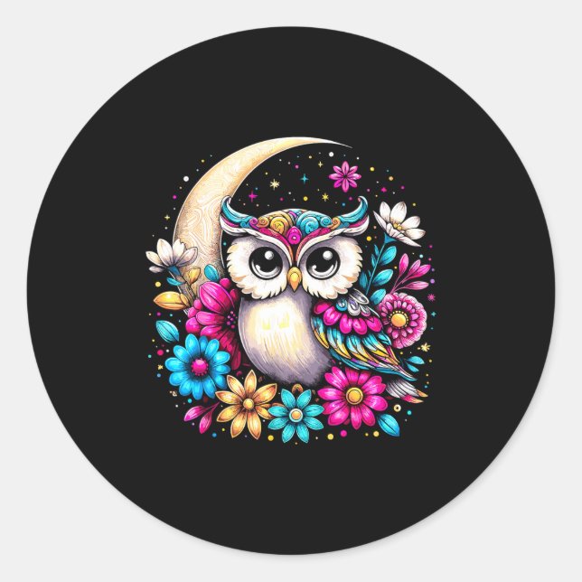 Floral Owl And Moon  Classic Round Sticker (Front)