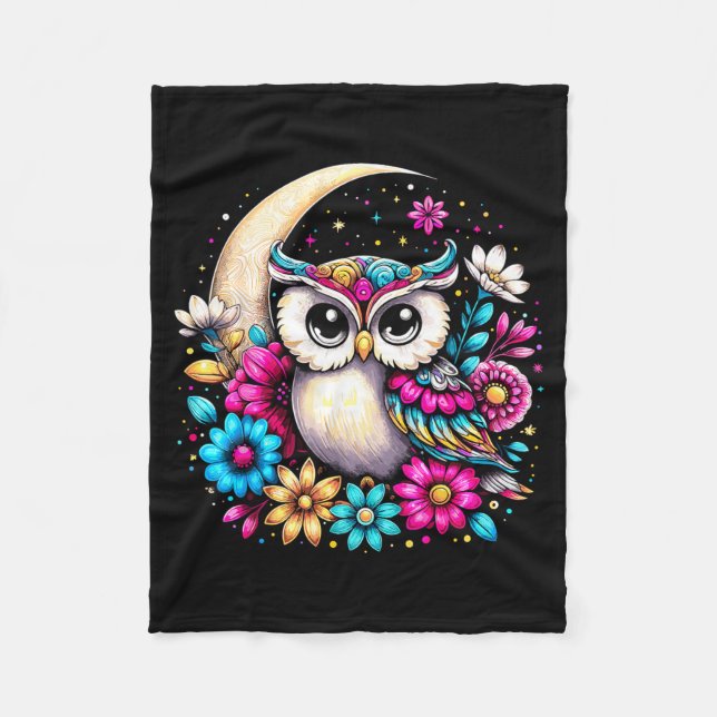 Floral Owl And Moon  Fleece Blanket (Front)