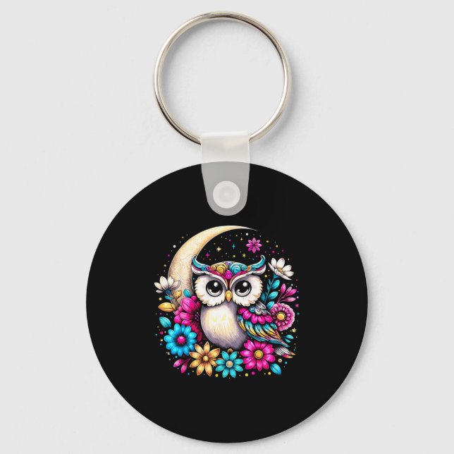 Floral Owl And Moon  Key Ring (Front)