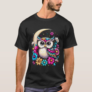 Floral Owl And Moon  T-Shirt