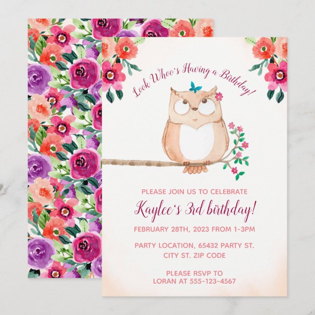 Floral Owl Kids Birthday Invitation (Front/Back)