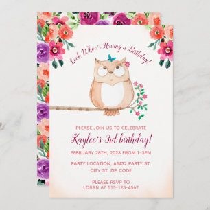 Floral Owl Kids Birthday Invitation