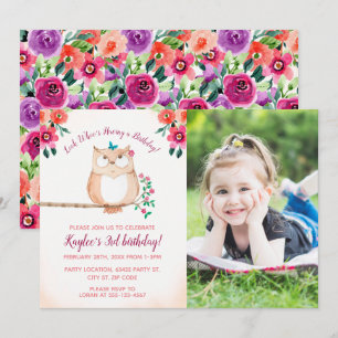 Floral Owl Photo Birthday Invitation