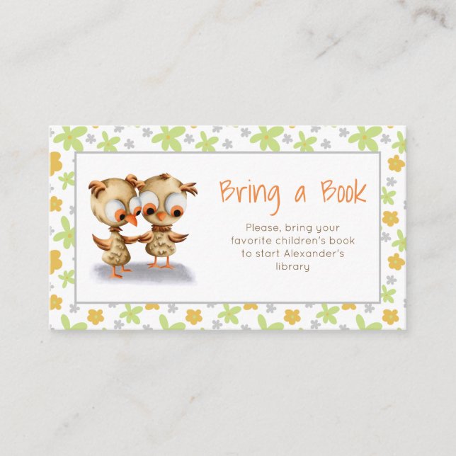 Floral Owl Twins Baby Shower Bring a Book Enclosure Card (Front)
