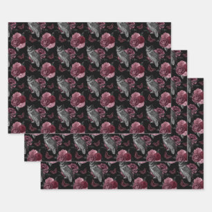 Floral Owls with Butterflies on Black Wrapping Paper Sheet