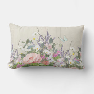 Floral Painted Pink Peony Butterflies Rustic Wood Lumbar Cushion